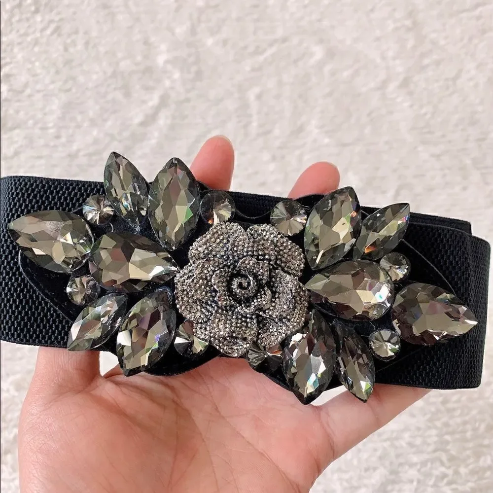 New Women’s Crystal & Beaded 3D Rose Stretch Elastic Belt